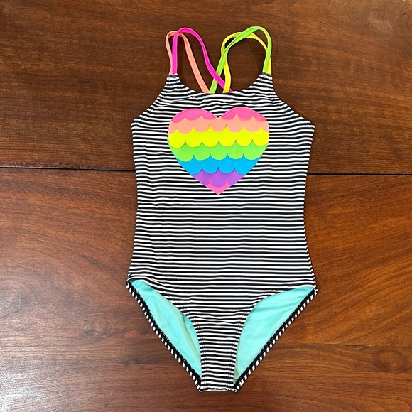 Girls Size 10 Colorful Fish Scales Print Heart Criss Cross Strap 1Piece Swimsuit - Picture 5 of 10